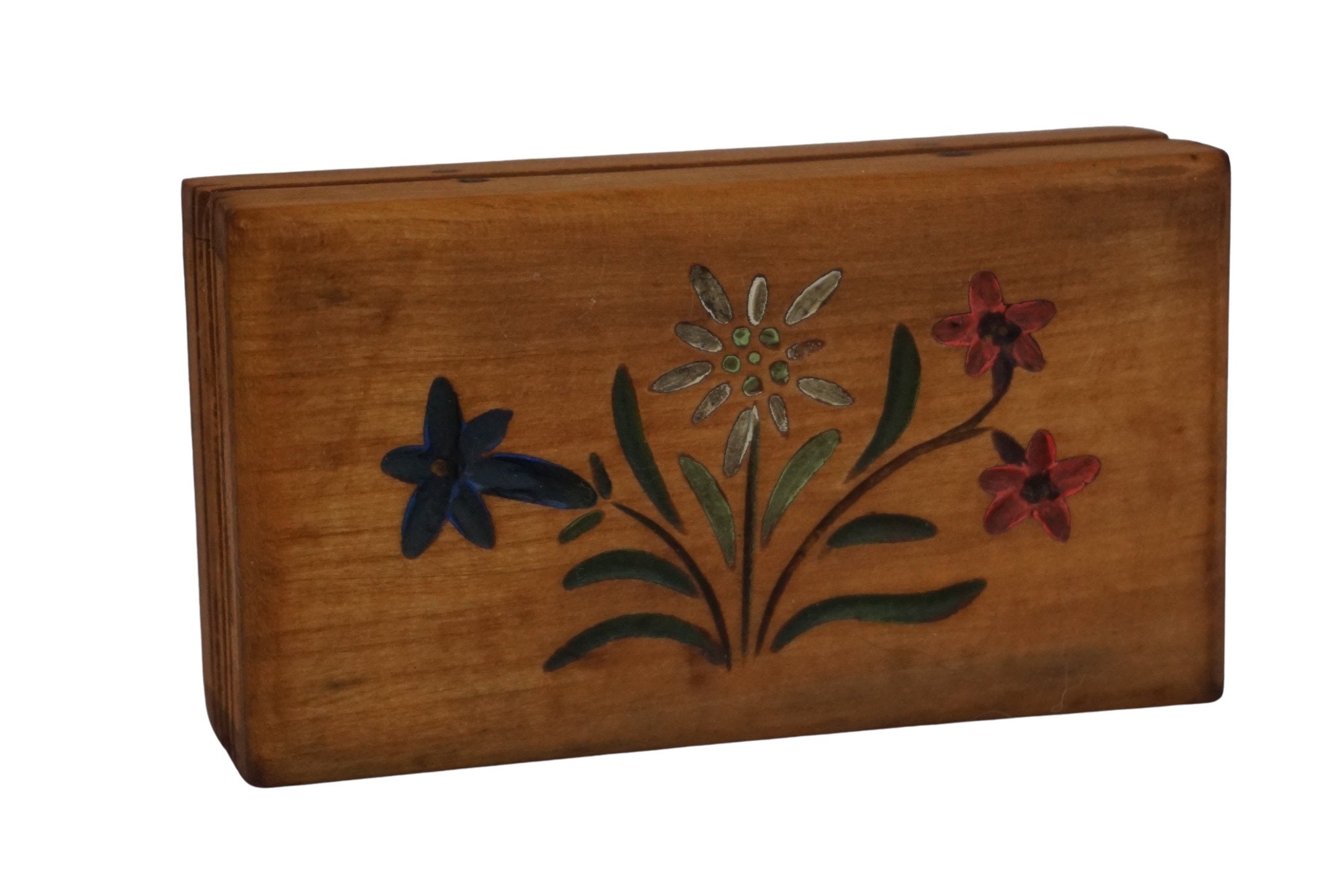 French Hand Painted Stamp Box with Flowers, Antique Carved Wooden Box