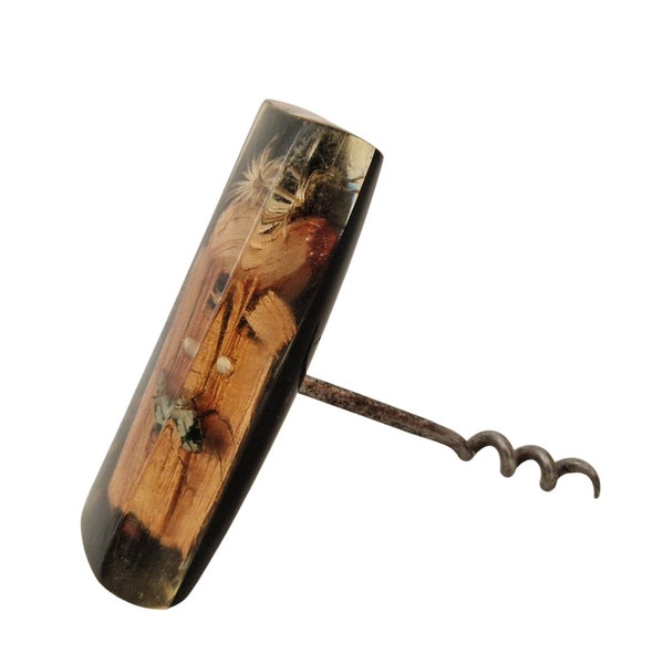 Wine Bottle Corkscrew with Resin Inclusion Bug and Tree Bark, Vintage Lucite Insect Bar Decor