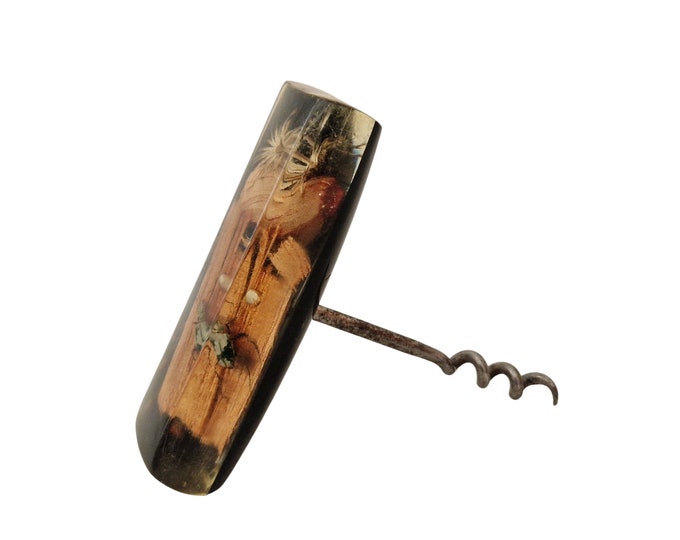 Wine Bottle Corkscrew with Resin Inclusion Bug and Tree Bark, Vintage Lucite Insect Bar Decor