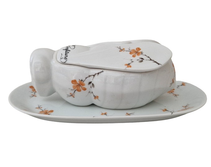 French Porcelain Bee Jam Pot with Serving Platter, Ceramic Flower Preserve & Jelly Jar Breakfast Set