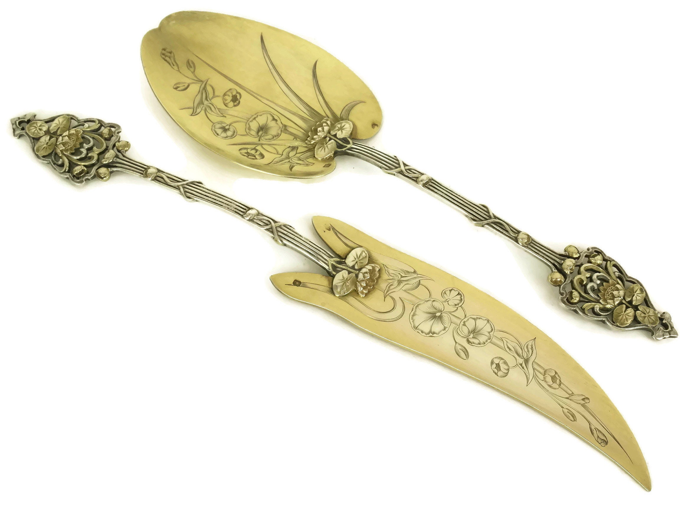Antique Sterling Silver Cake Server Set with French Art Nouveau Flowers