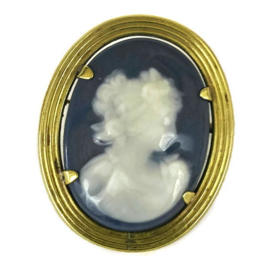 Limoges Porcelain Cameo Brooch. Vintage Brass and French Blue and White