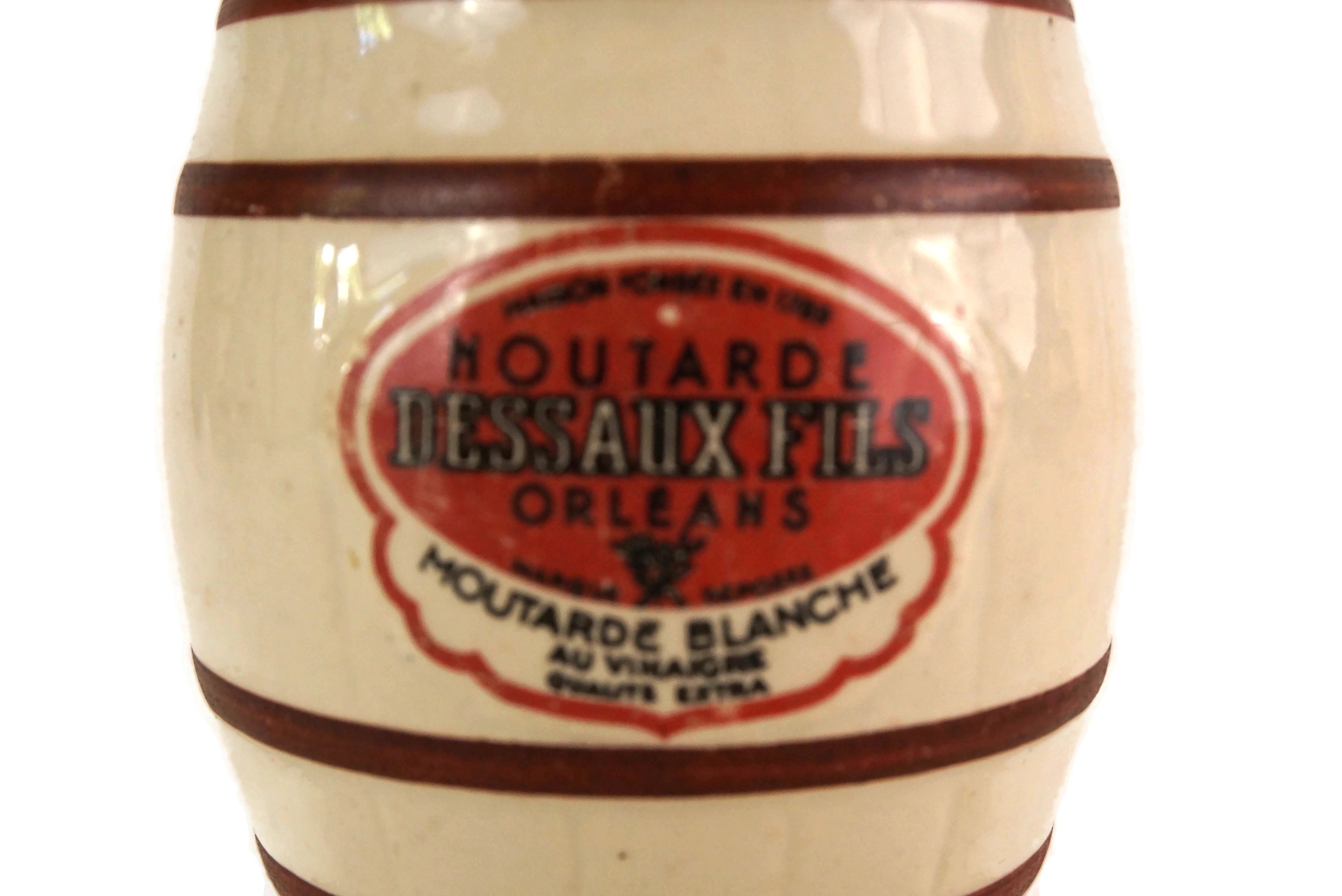 Vintage French Ceramic Mustard Pot, Dessaux & Fils Barrel Condiment Jar