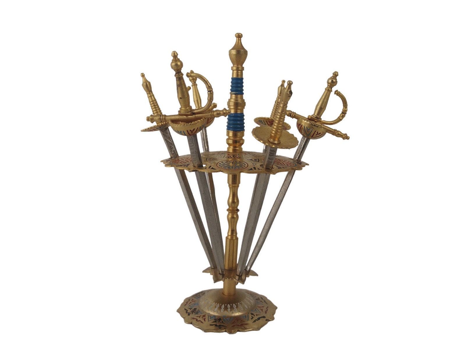 Vintage Brass Sword Cocktail Picks, Toledo Appetizer Sticks and Stand