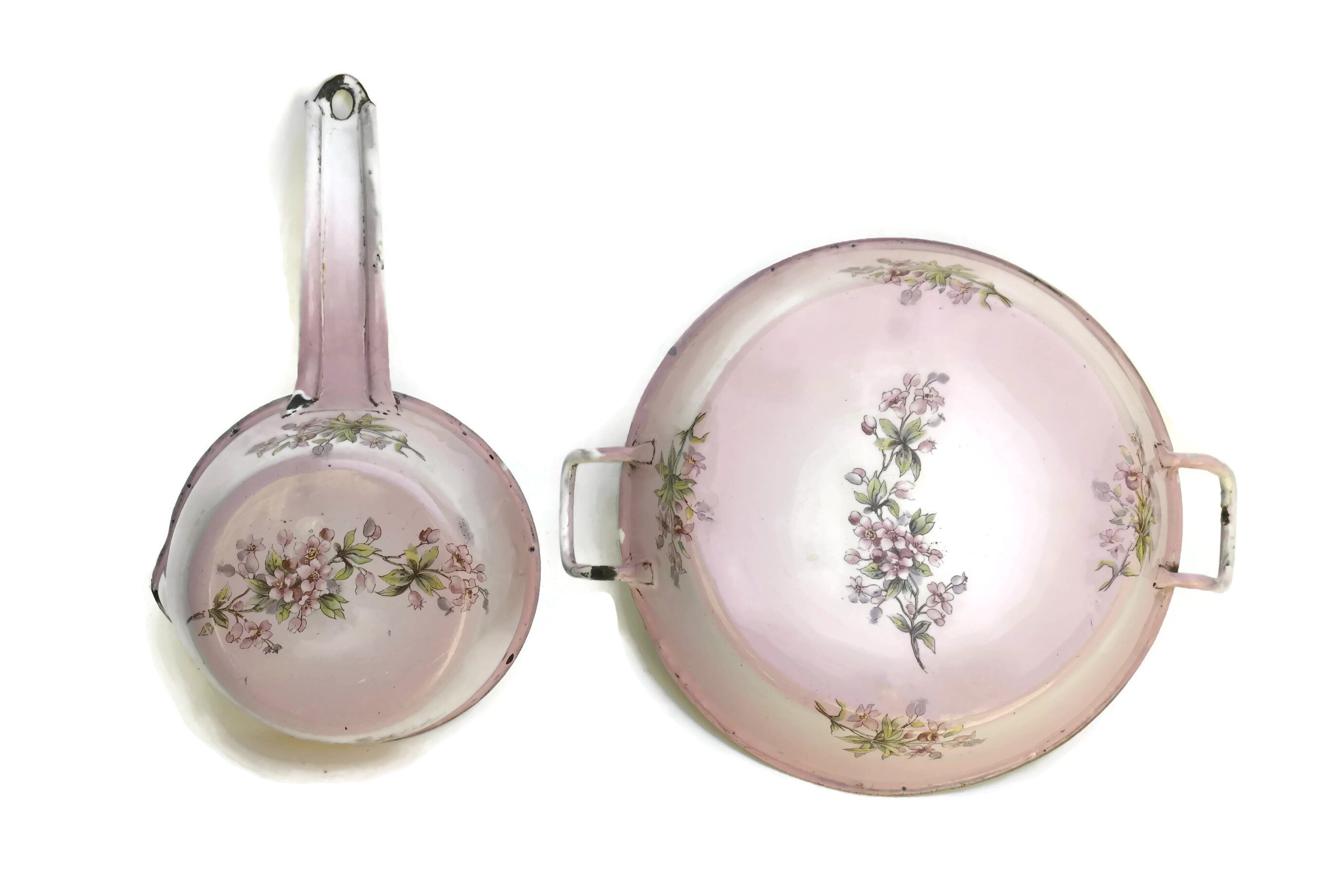 Shabby French Enamel Saucepan Set. Antique Pink Flower Enamelware Pans