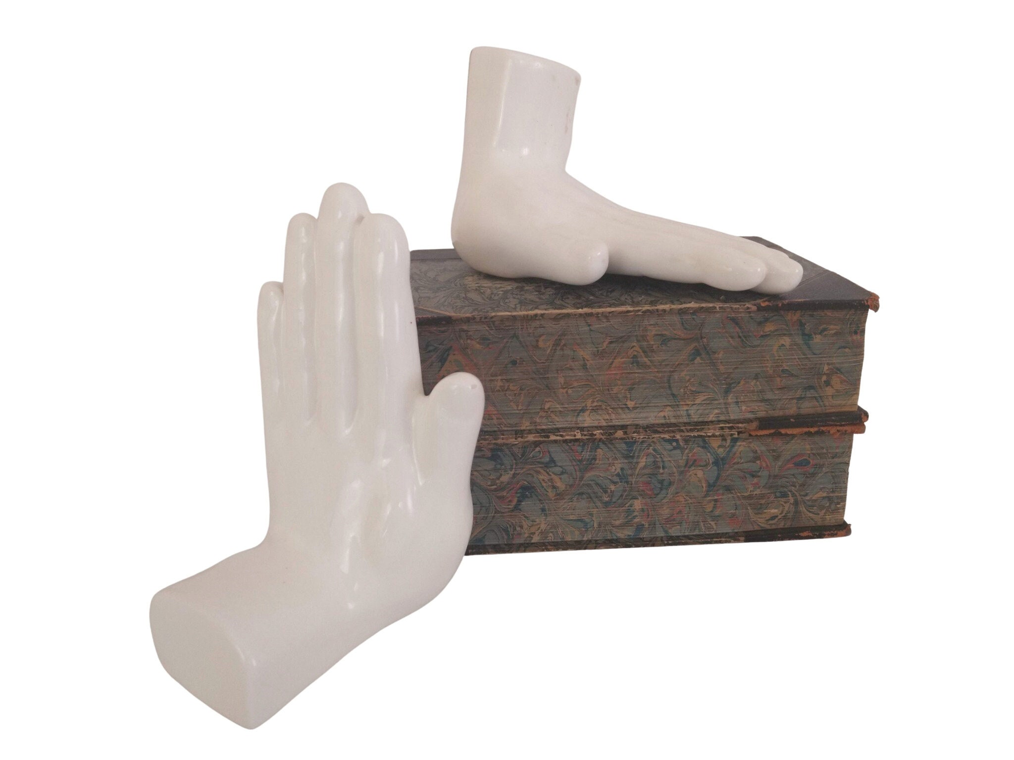 White Ceramic Hand Figurine Bookends, Vintage Anatomy Sculpture