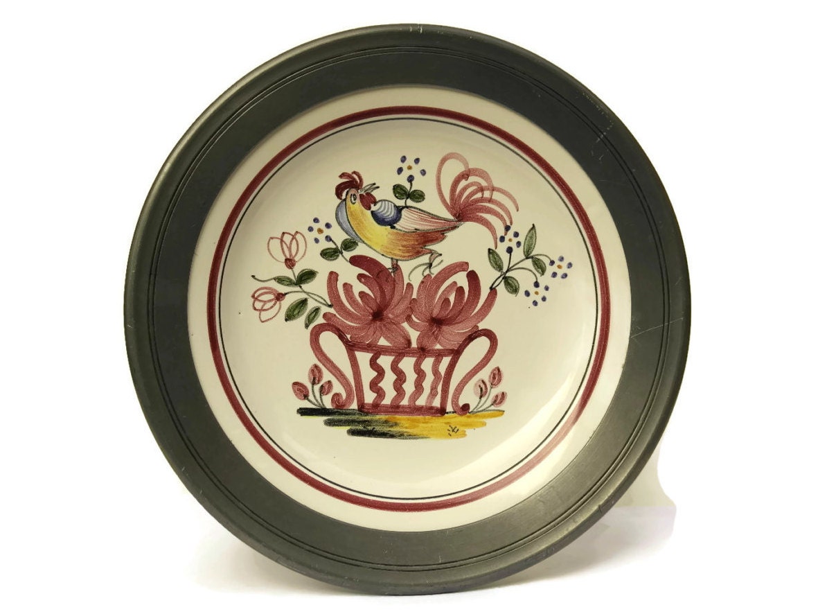 Rustic Kitchen Wall Plate with Hand Painted French Rooster. Vintage