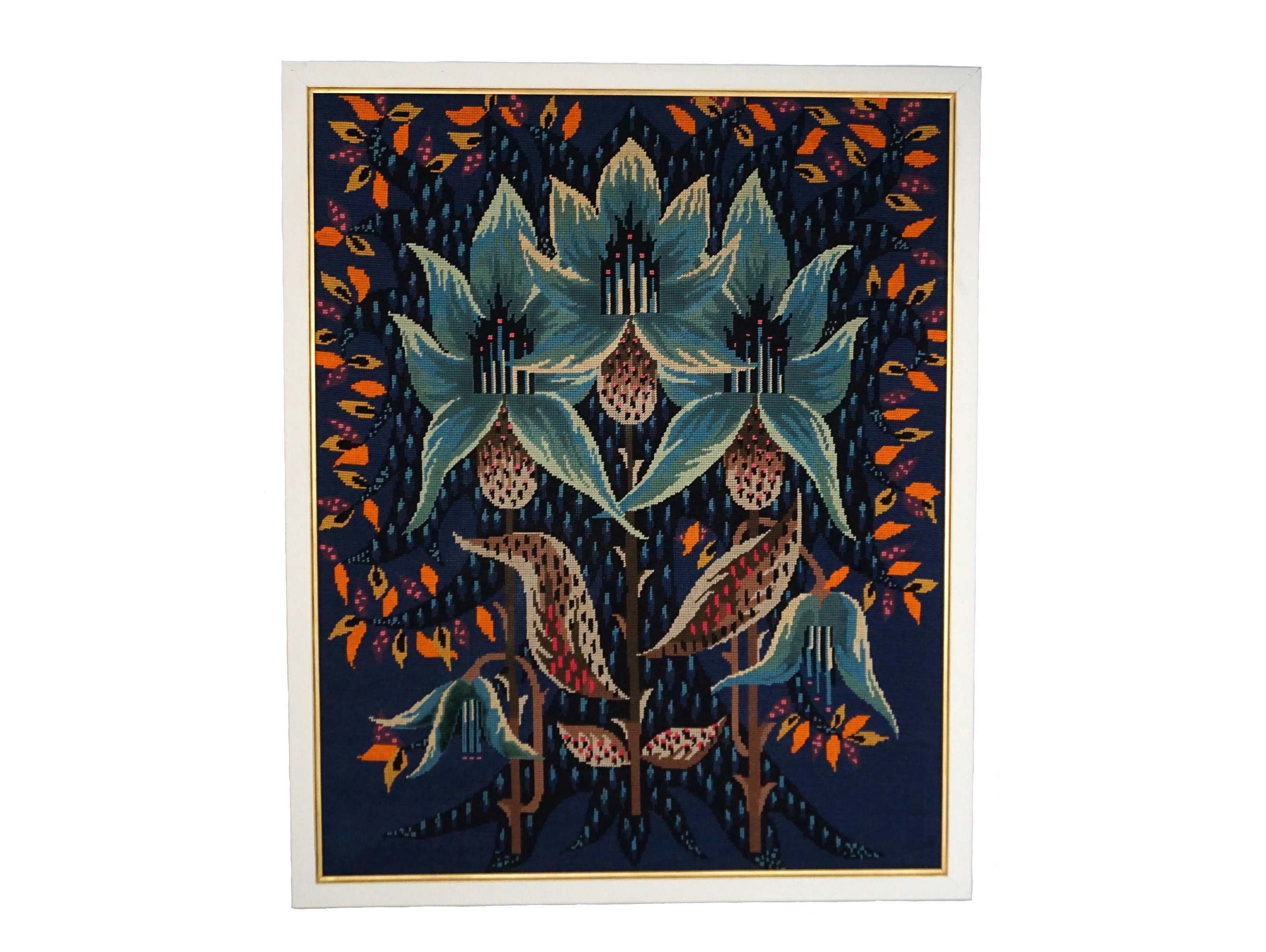 Mid Century Needlepoint Tapestry Wall Hanging with Fuchsia Flower Still Life, Vintage French