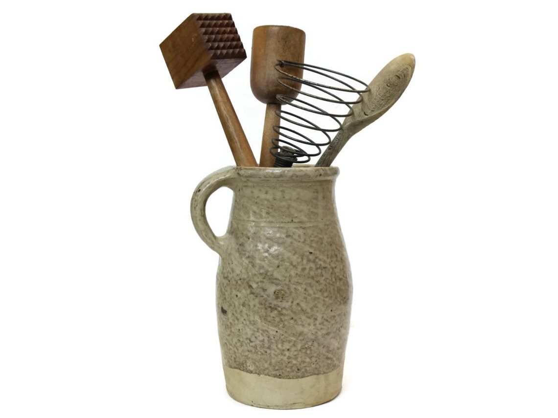Rustic French Kitchen Utensil Holder. Large Glazed Pottery Pitcher.