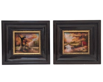 Miniature Limoges Enamel Paintings by Jean Grange, Set of 2 Fall Tree Country Landscapes