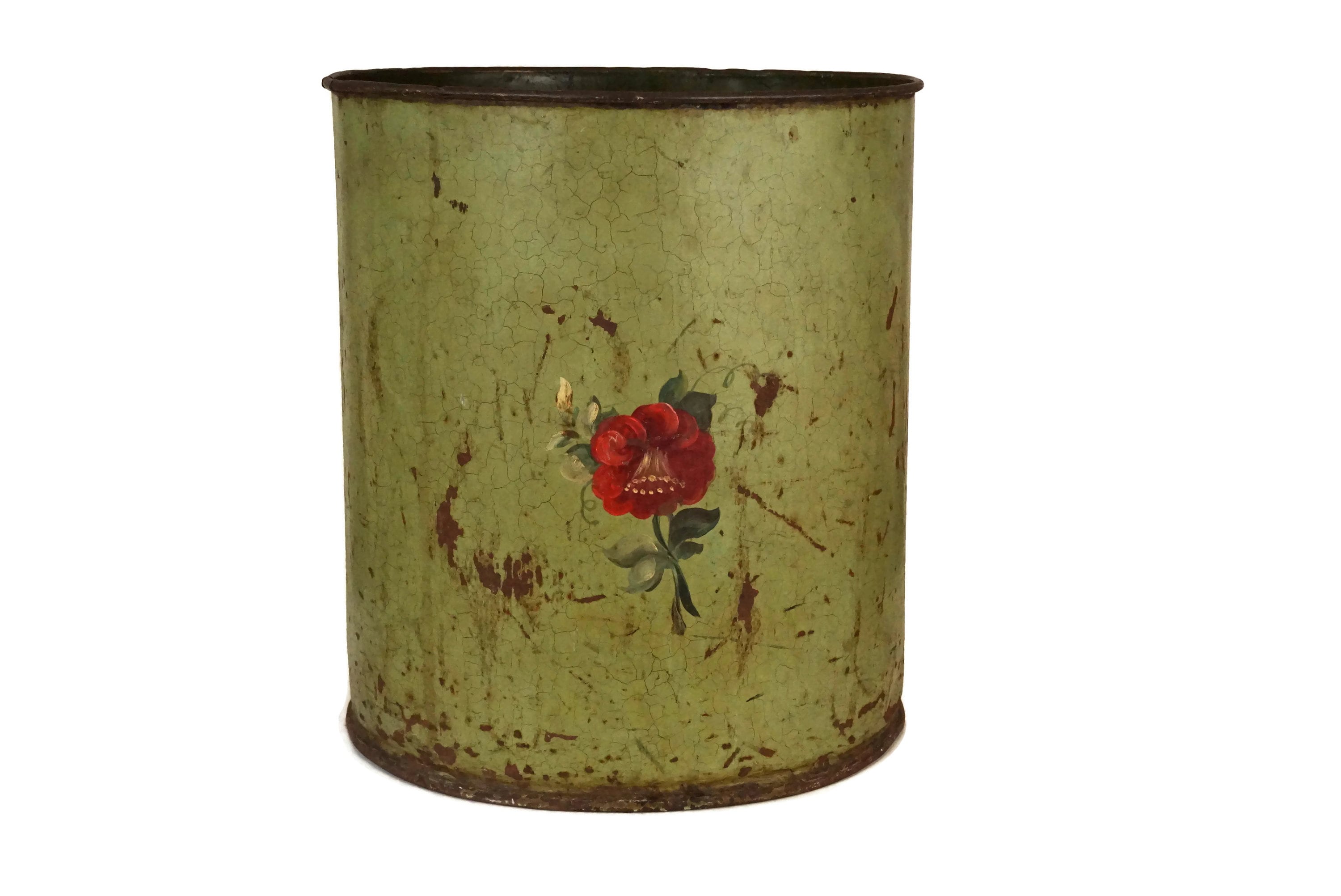 Antique French Tole Waste Basket, Hand Painted Flower Wastepaper Trash