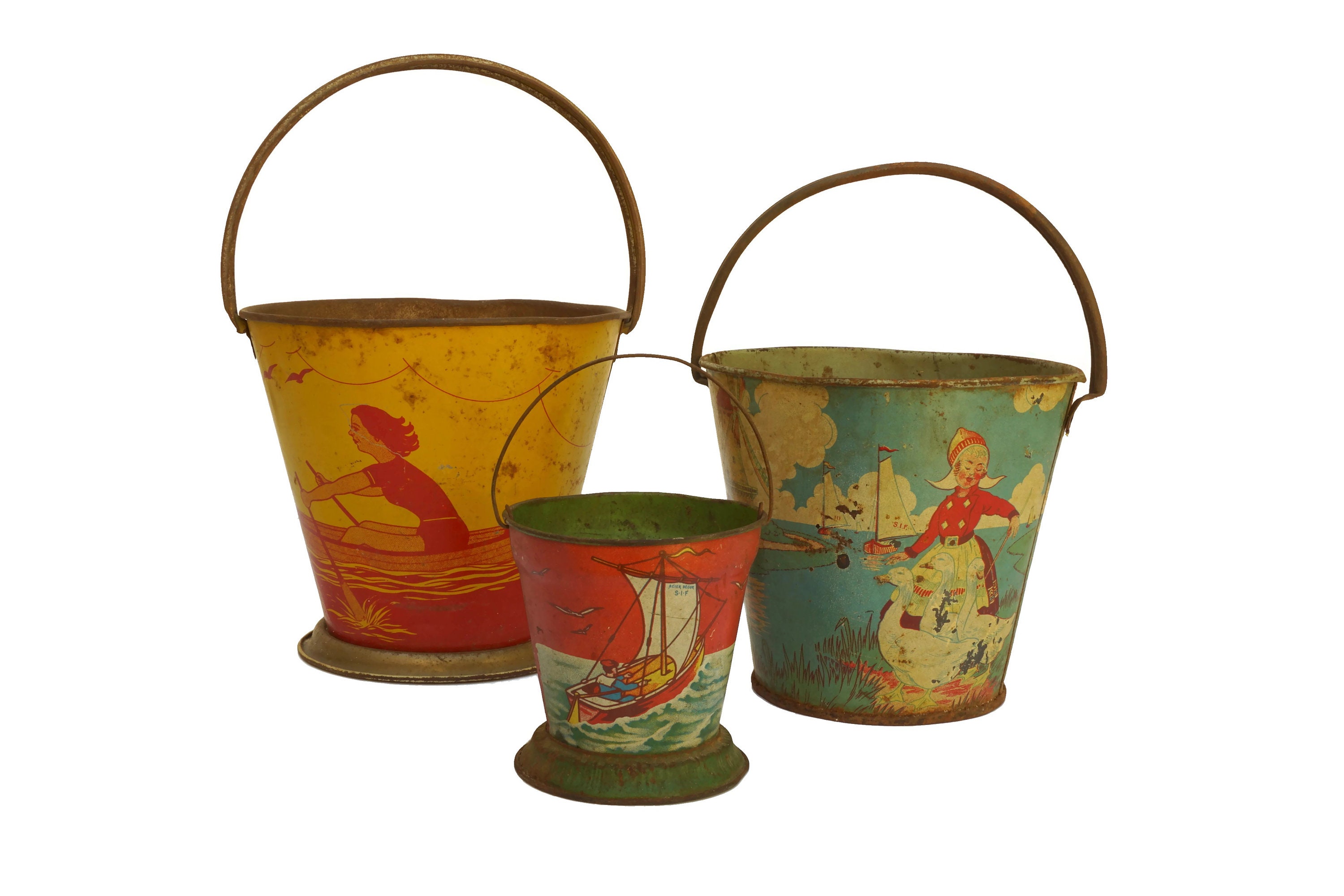 Antique Tin Beach Bucket Set, French Tole Sand Pail Sand Box Toys