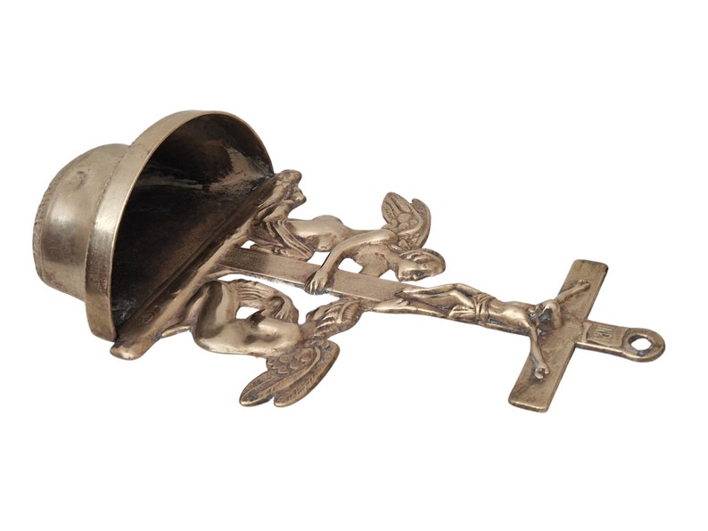 Vintage Brass Holy Water Font with Angels and Crucifix Wall Hanging image 5