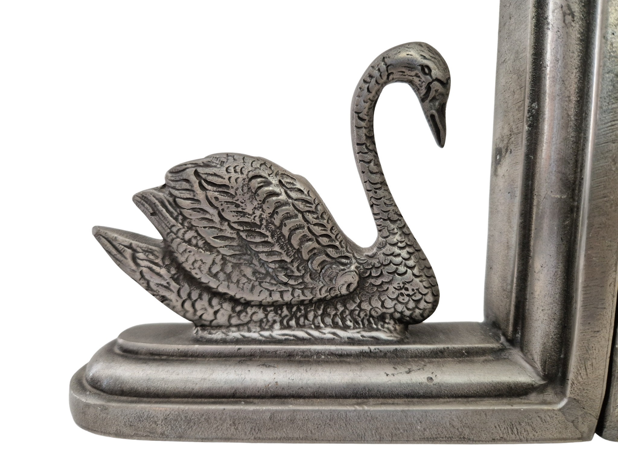 French Pewter Swan Figurine Bookends, Vintage Office Decor, Pair of