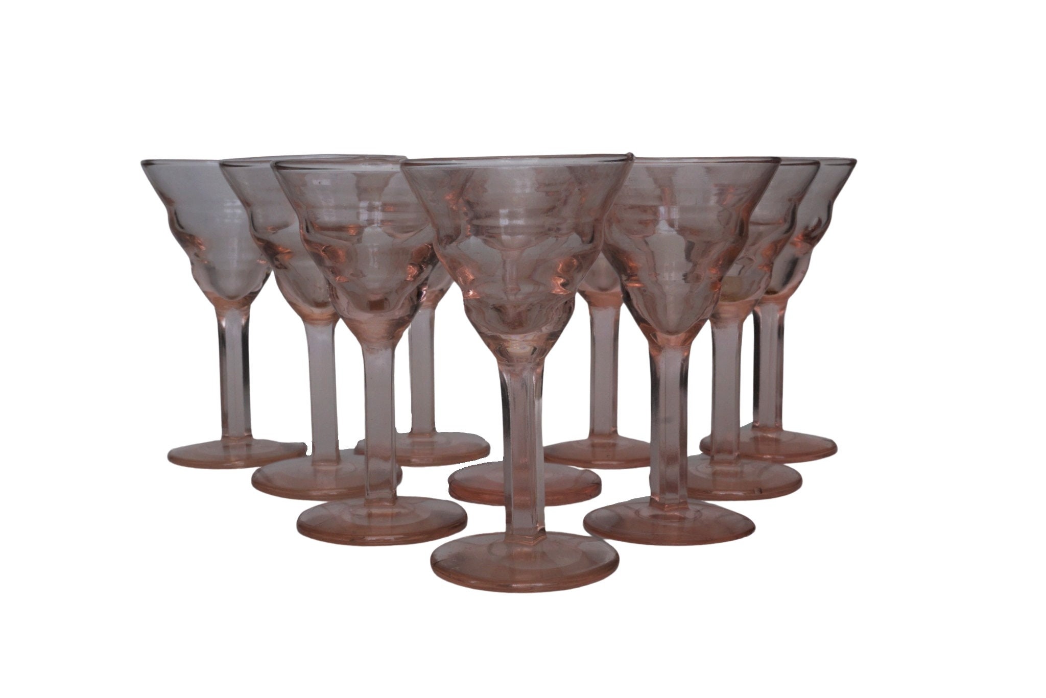 Art Deco Decanter and Shot Glass Set, Antique Pink Depression Glassware