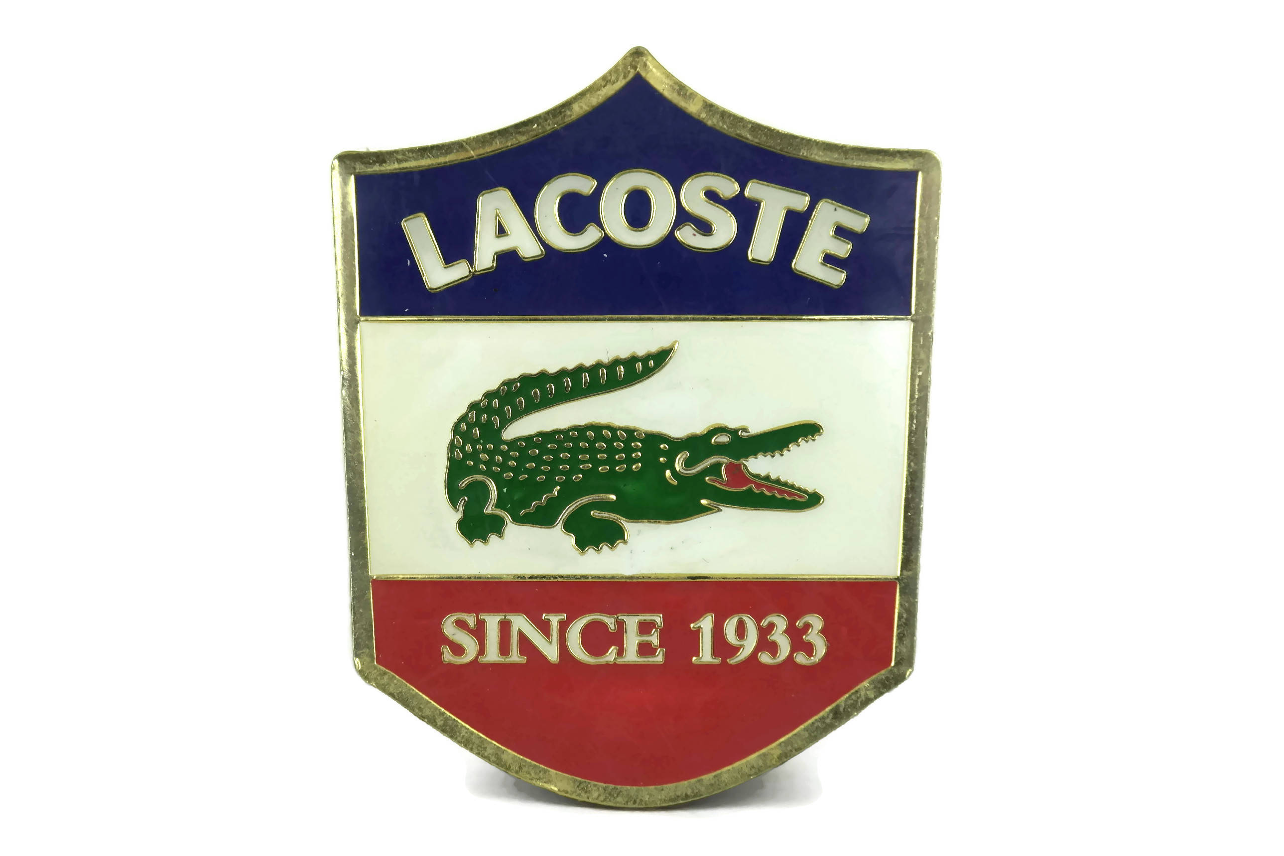 Vintage Lacoste Advertising with Crocodile. French Blue, White and Red Flag, Since Enamel Brass Shield. Fashion Sports Decor.