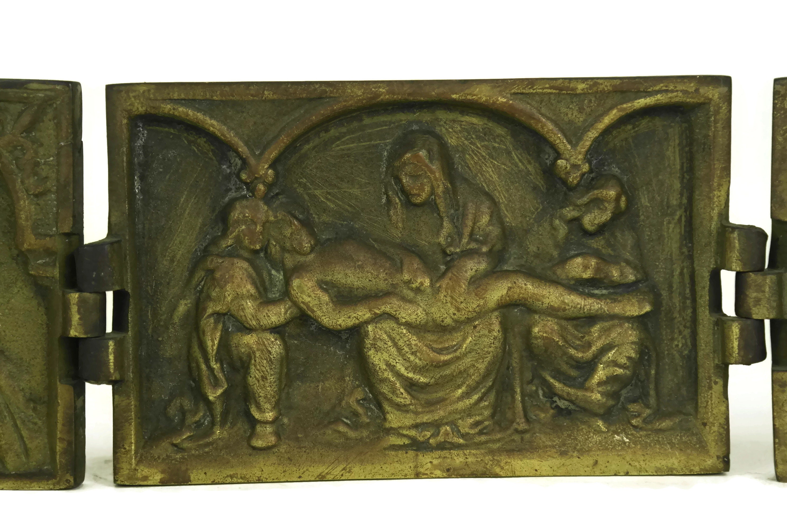 Antique French Bronze Pieta Triptych, 18th Century Travelling Altar