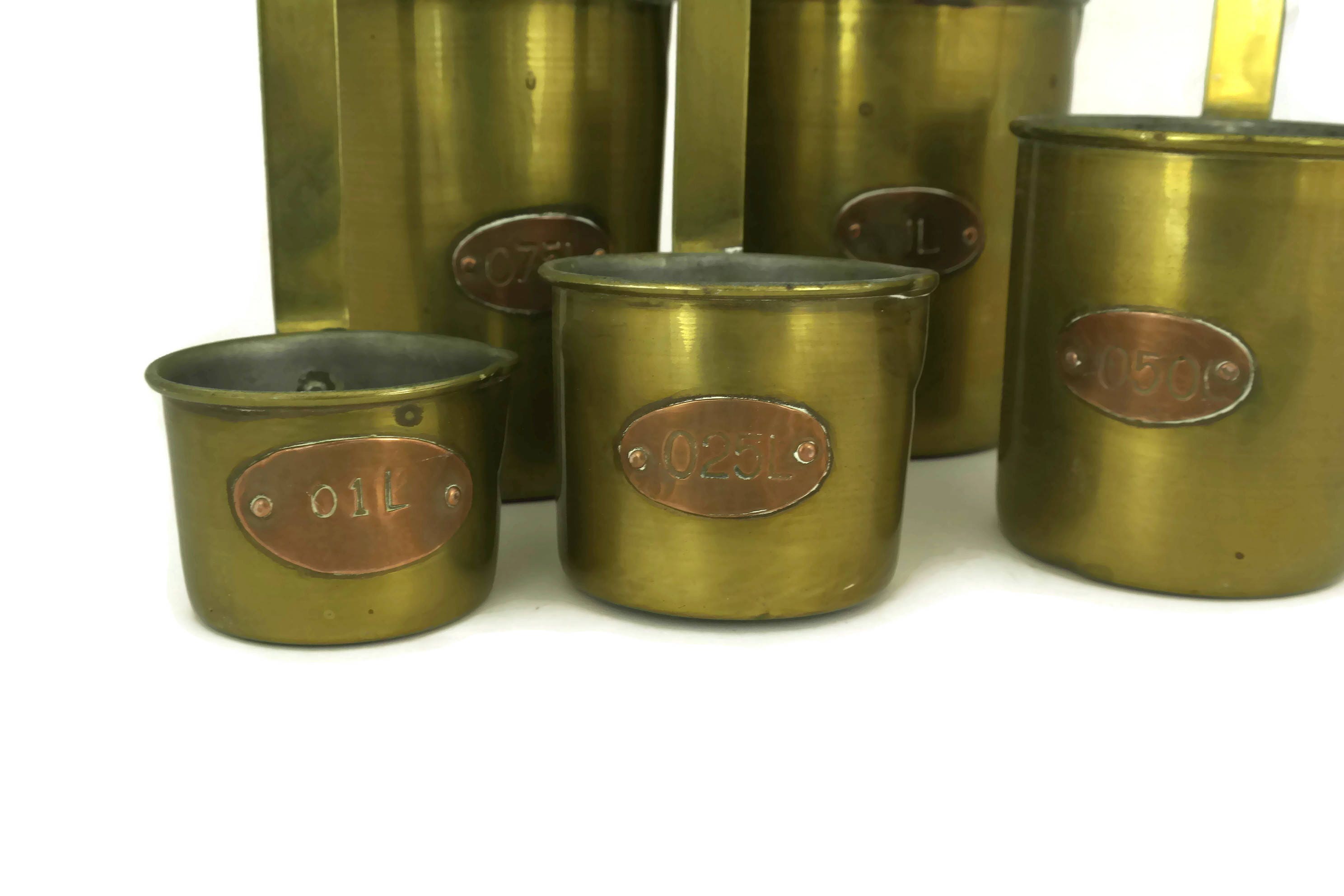 French Brass and Copper Measuring Cups, Vintage Rustic Kitchen Decor