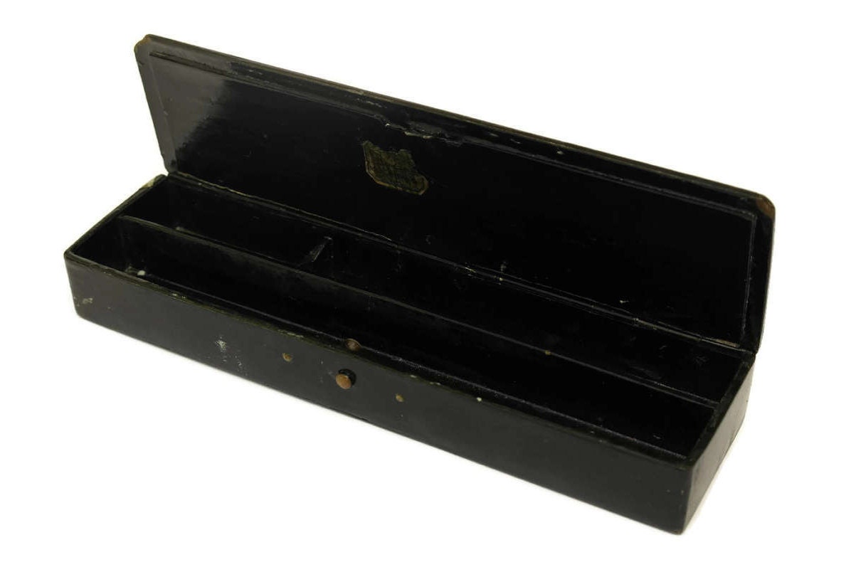 Antique Black Lacquered Pencil Box with Duck Art Print.