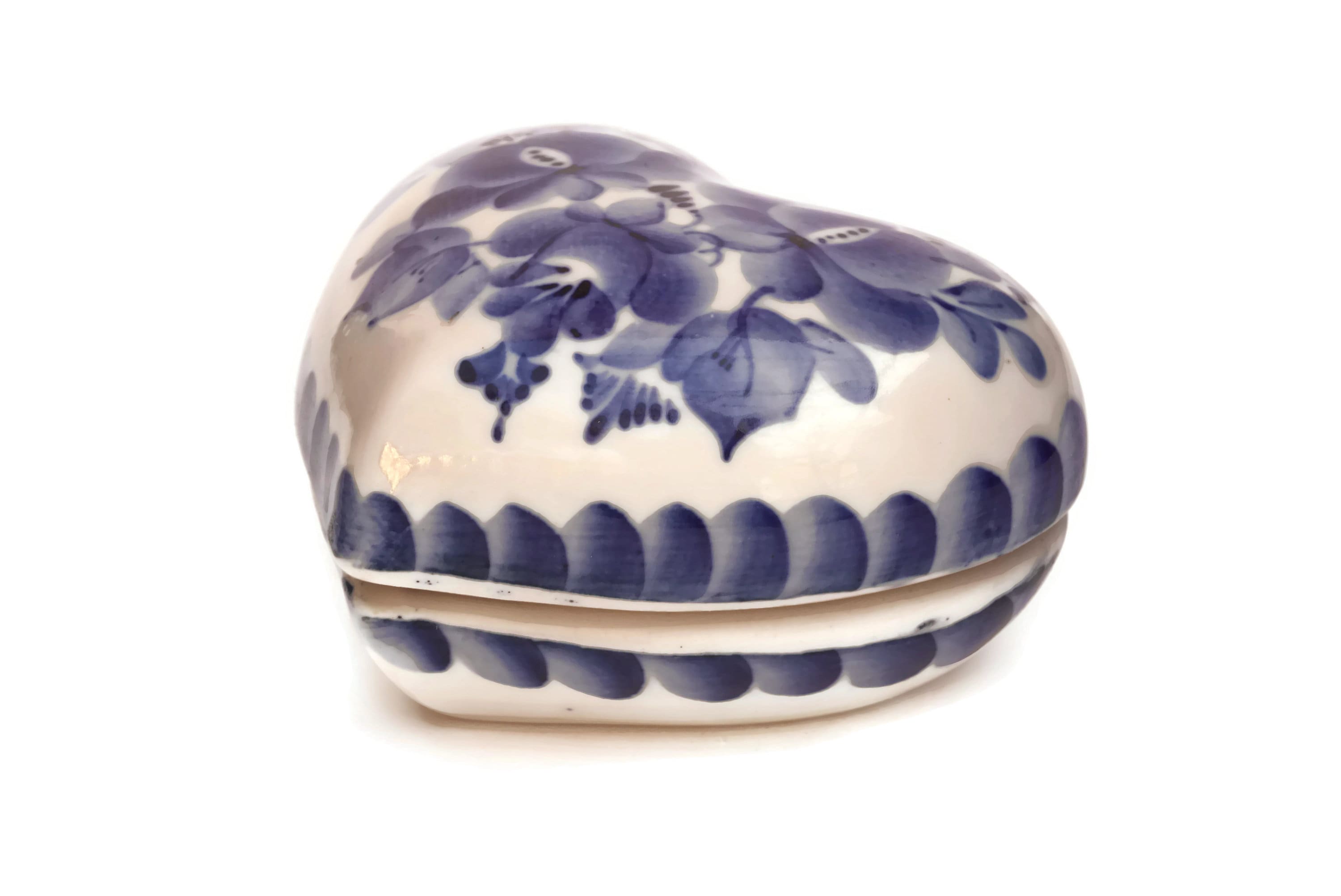 Heart Shaped Jewelry Box, Gzhel Hand Painted Blue and White Ceramic