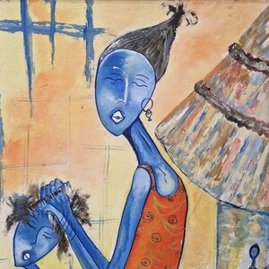African Mother and Child Painting, Modernist Blue Women Wall Art image 4