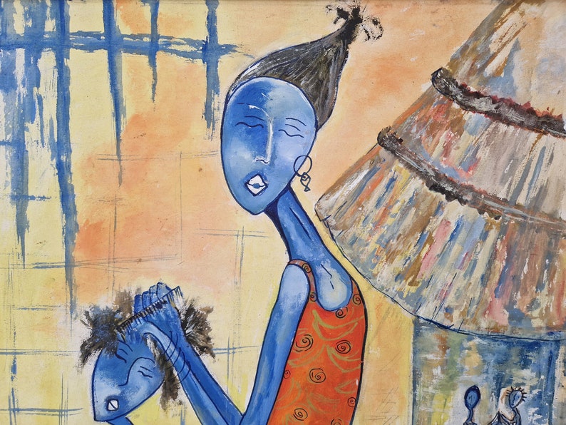 African Mother and Child Painting, Modernist Blue Women Wall Art image 4