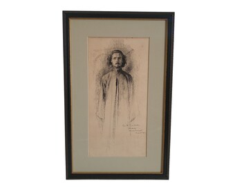 Antique Portrait Drawing by Nicolae Vermont of Poet Pierre de Querlon, Framed French Man Art