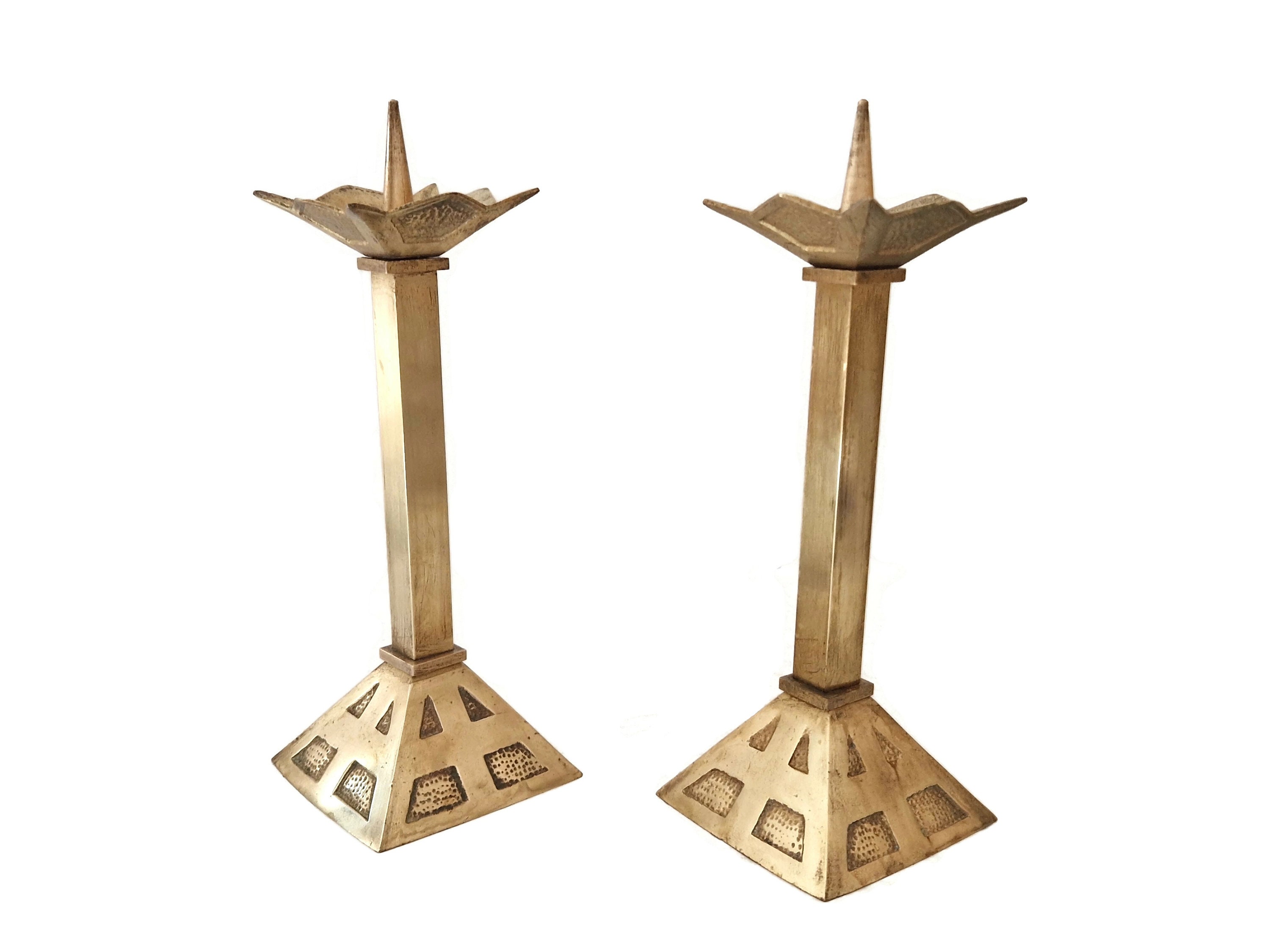 Antique Church Brass Candlestick Holder Pair, French Arts and Crafts