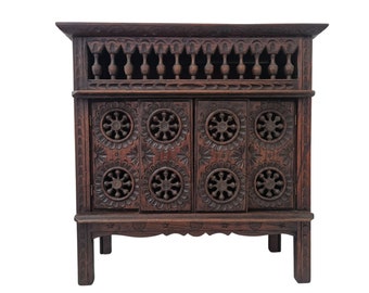 French Breton Doll Furniture Sideboard, Miniature Carved Wooden Buffet Cupboard