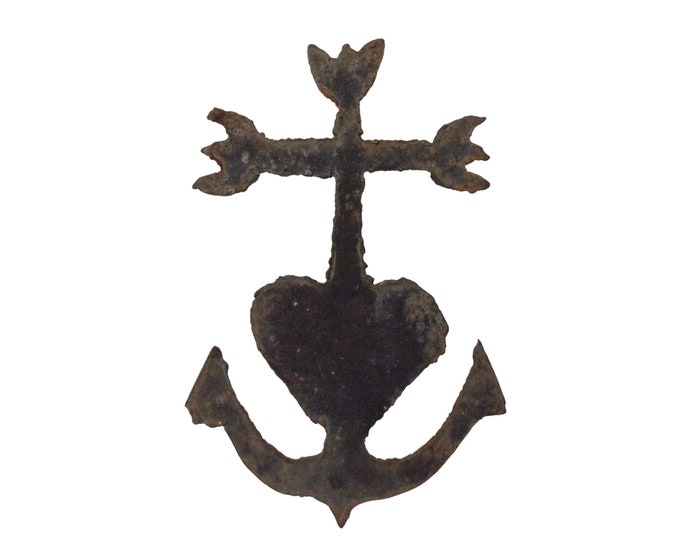 French Cross of Camargue Figure, Hand Crafted Metal Novelty Cross with Trident, Heart and Anchor