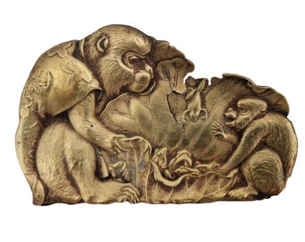 Antique French Brass Monkey Figurine Coin Tray with Frogs, Collectible Animal Ring Dish
