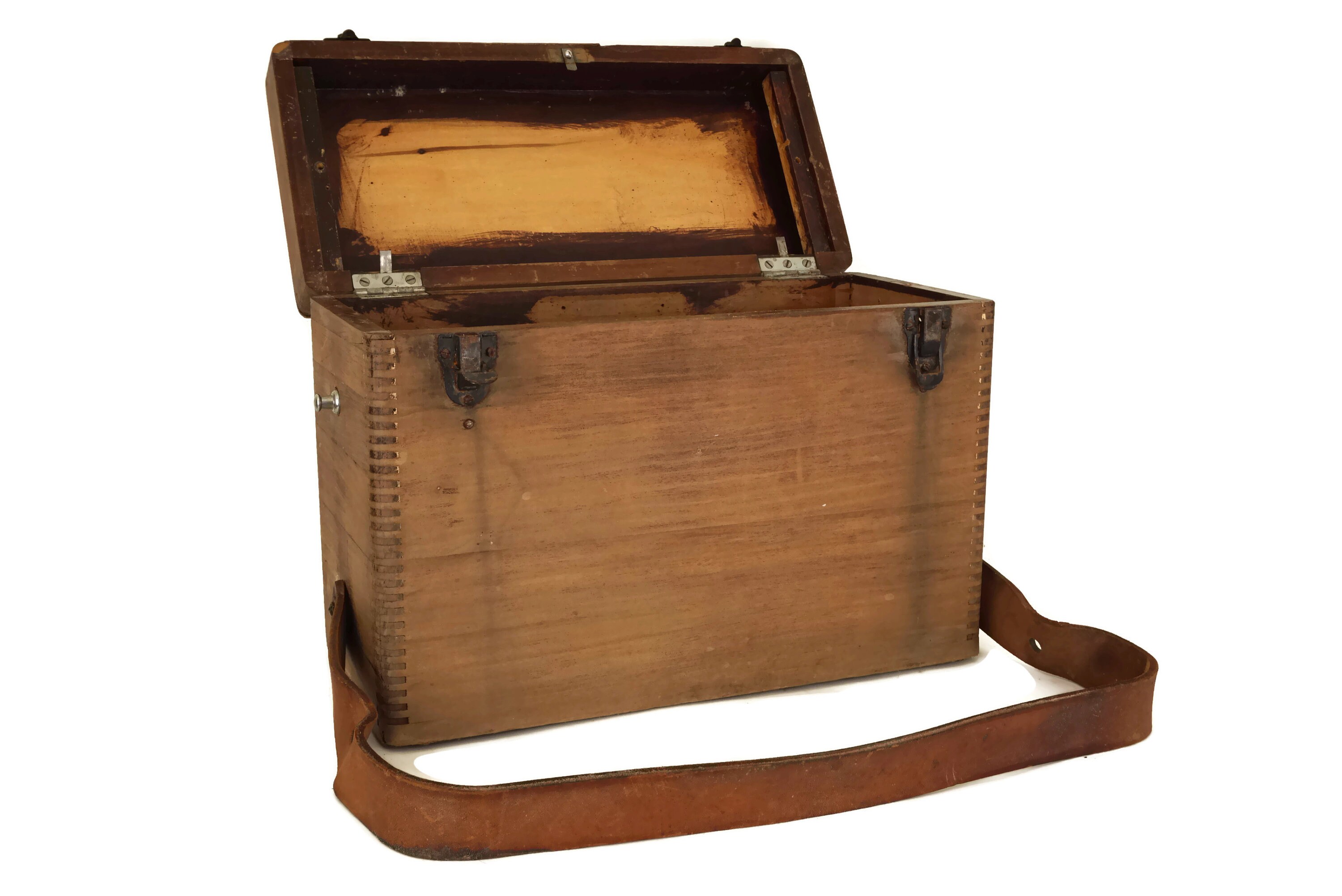 Wooden Tool Box with Leather Strap and Lid