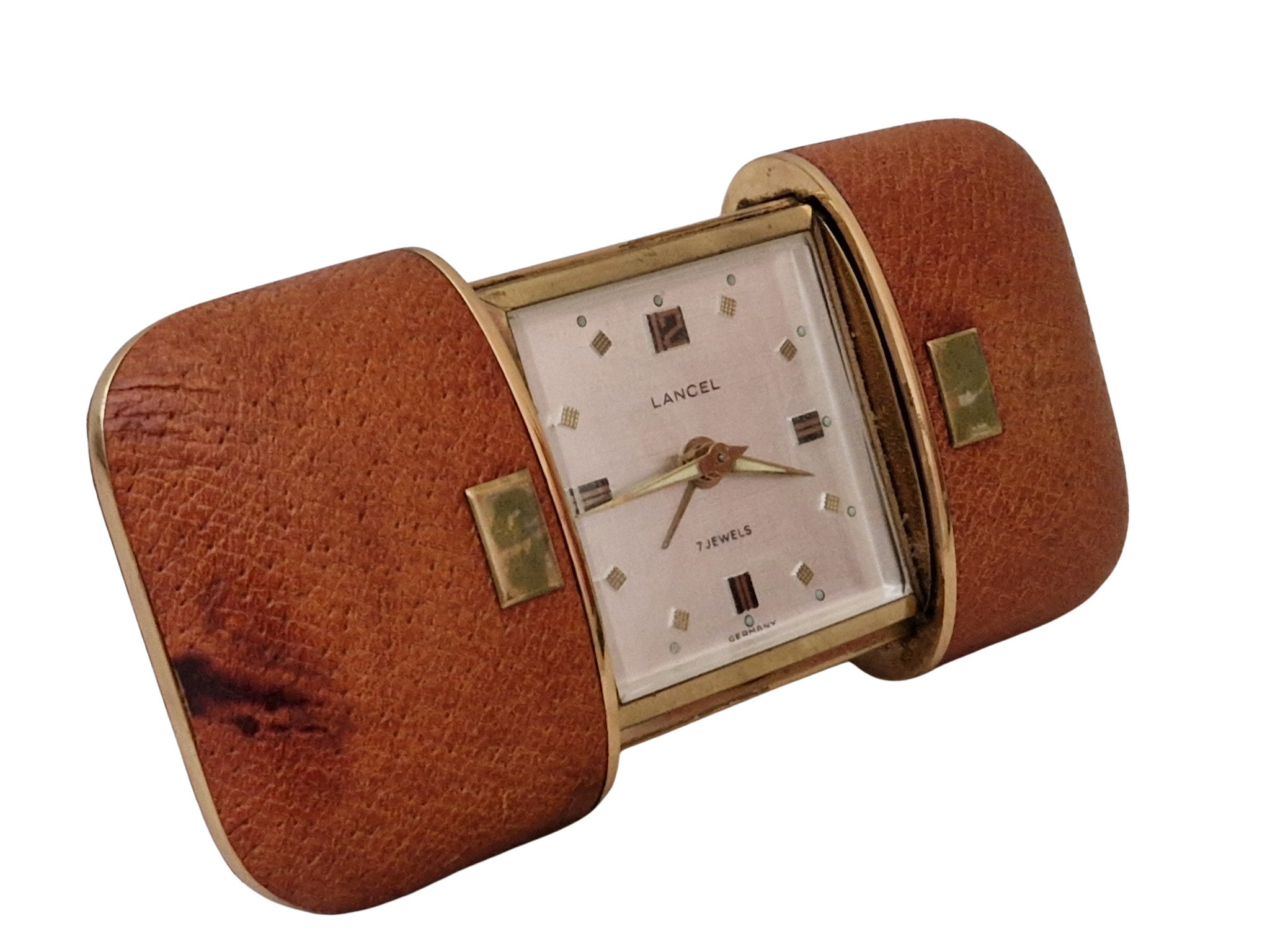 Lancel 7 jewels Travel Alarm Clock with Leather and Brass Sliding Case