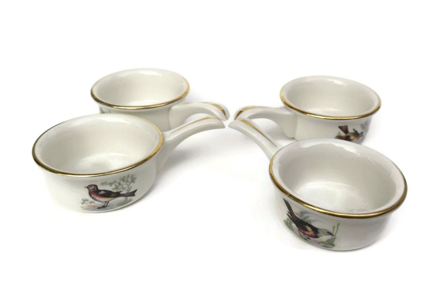 French Vintage Pillivuyt Porcelain Ramekins. Bird Soufflé Dishes.