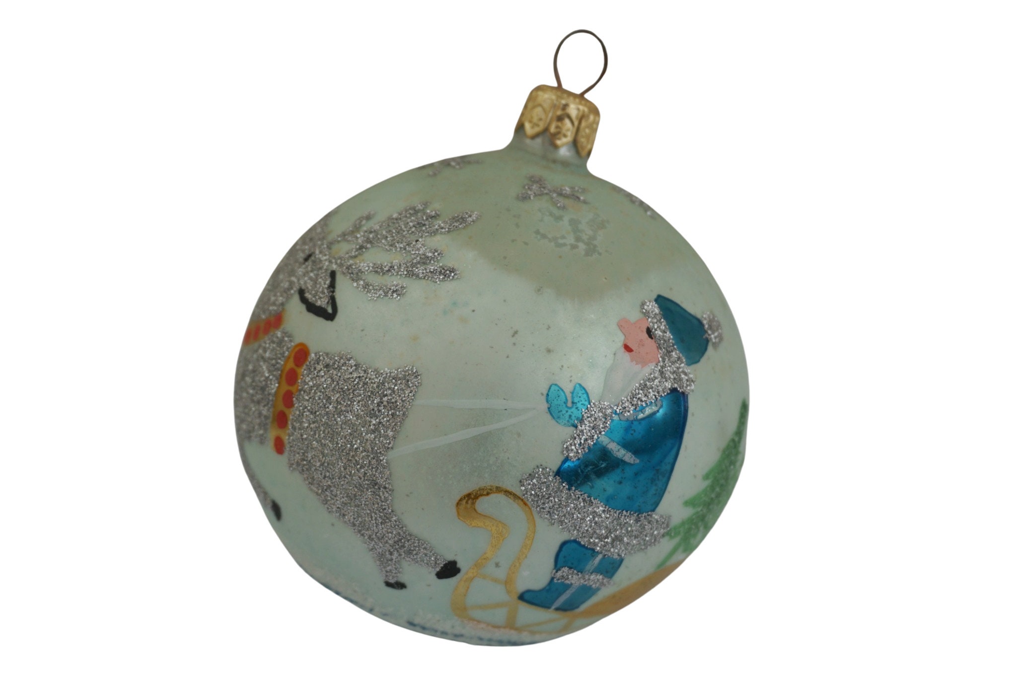 Ornement Allemand de Boule Noël avec Figurines Père et Rennes Peintes à La Main, Bauble en Verre Sou