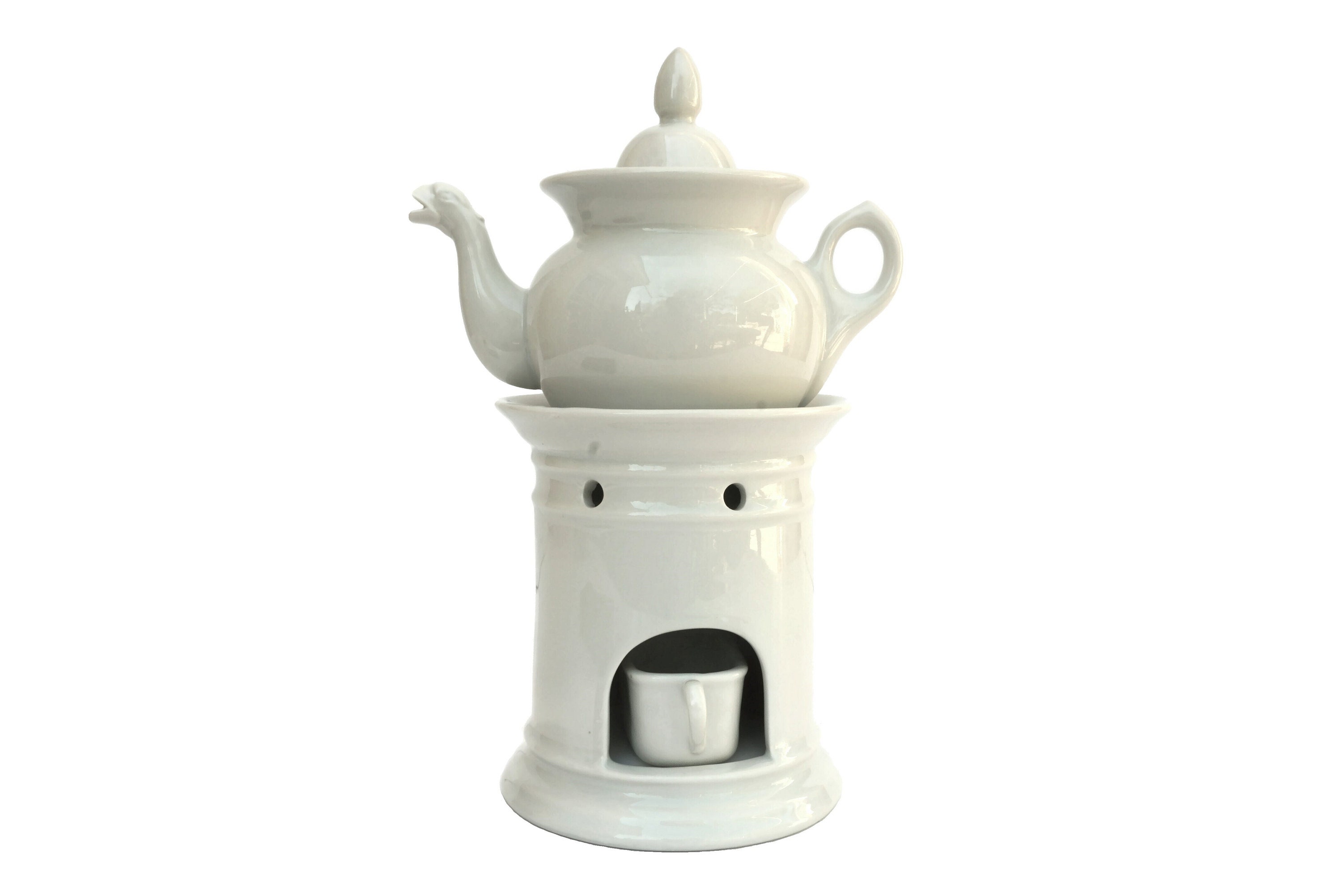 French Porcelain Teapot with Warmer Stand, Ceramic Veilleuse and Tisaniere