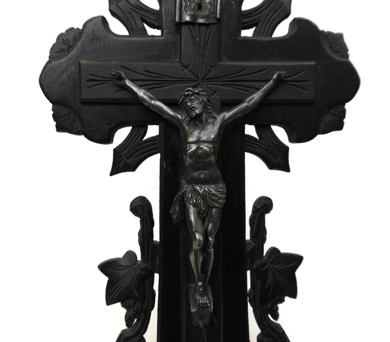 Antique Gothic Black Crucifix. French Antique Carved Wood Wall Hanging