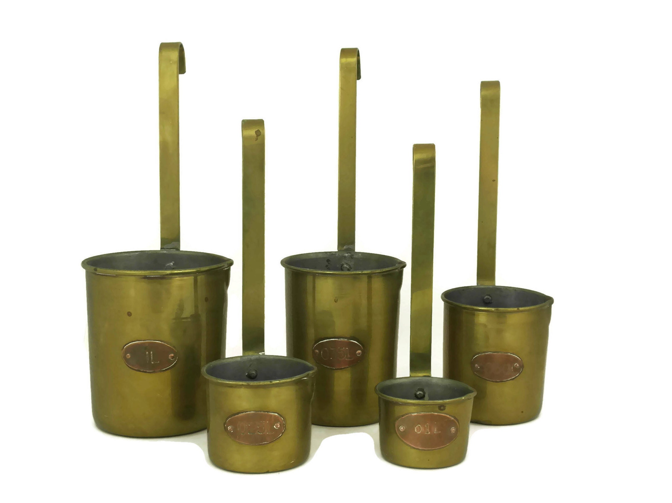 French Brass and Copper Measuring Cups, Vintage Rustic Kitchen Decor