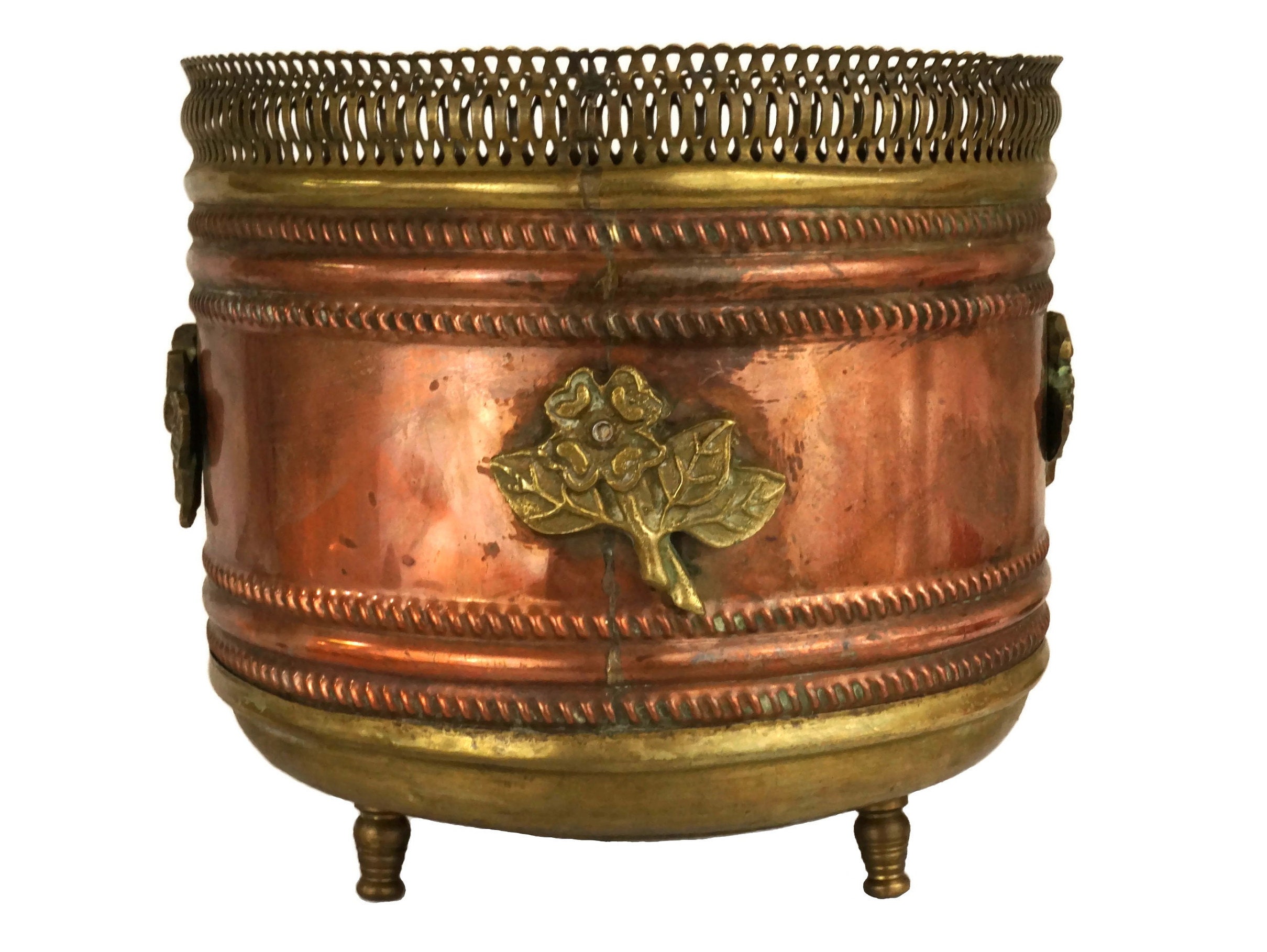 Antique French Copper and Brass Planter, Gifts for Gardner, Indoor