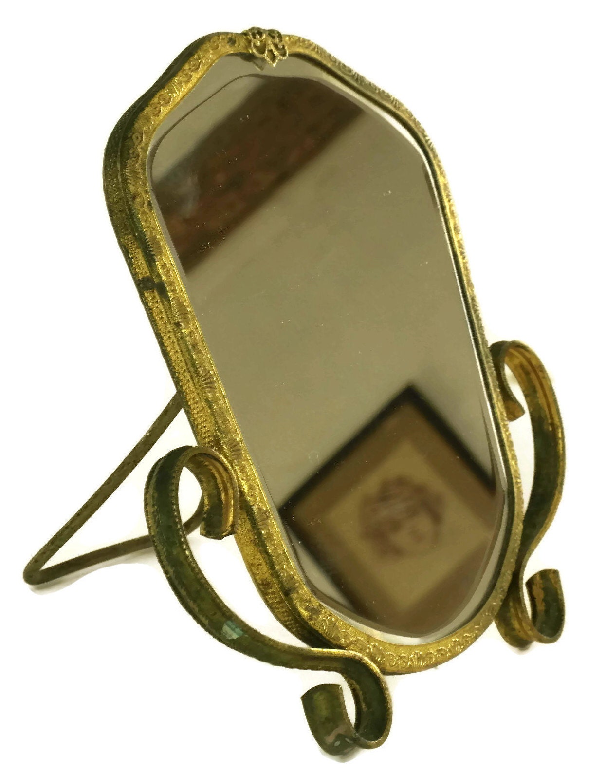 French Antique Brass Standing Makeup Mirror. Looking Glass. Vanity and