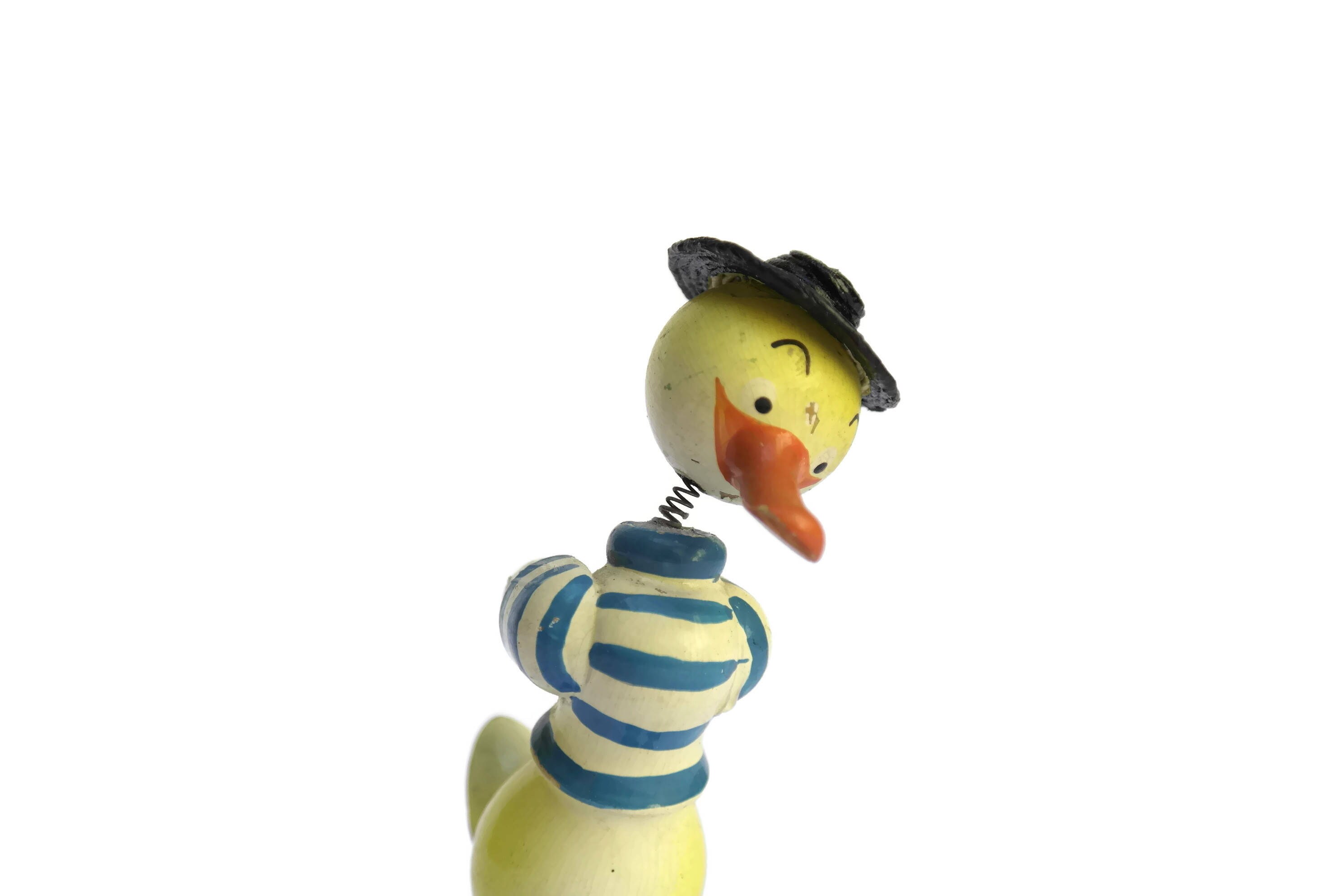 Vintage Wooden Duck Bobble Head Toy. 1950s Nodder Head Duck Figure Toy.