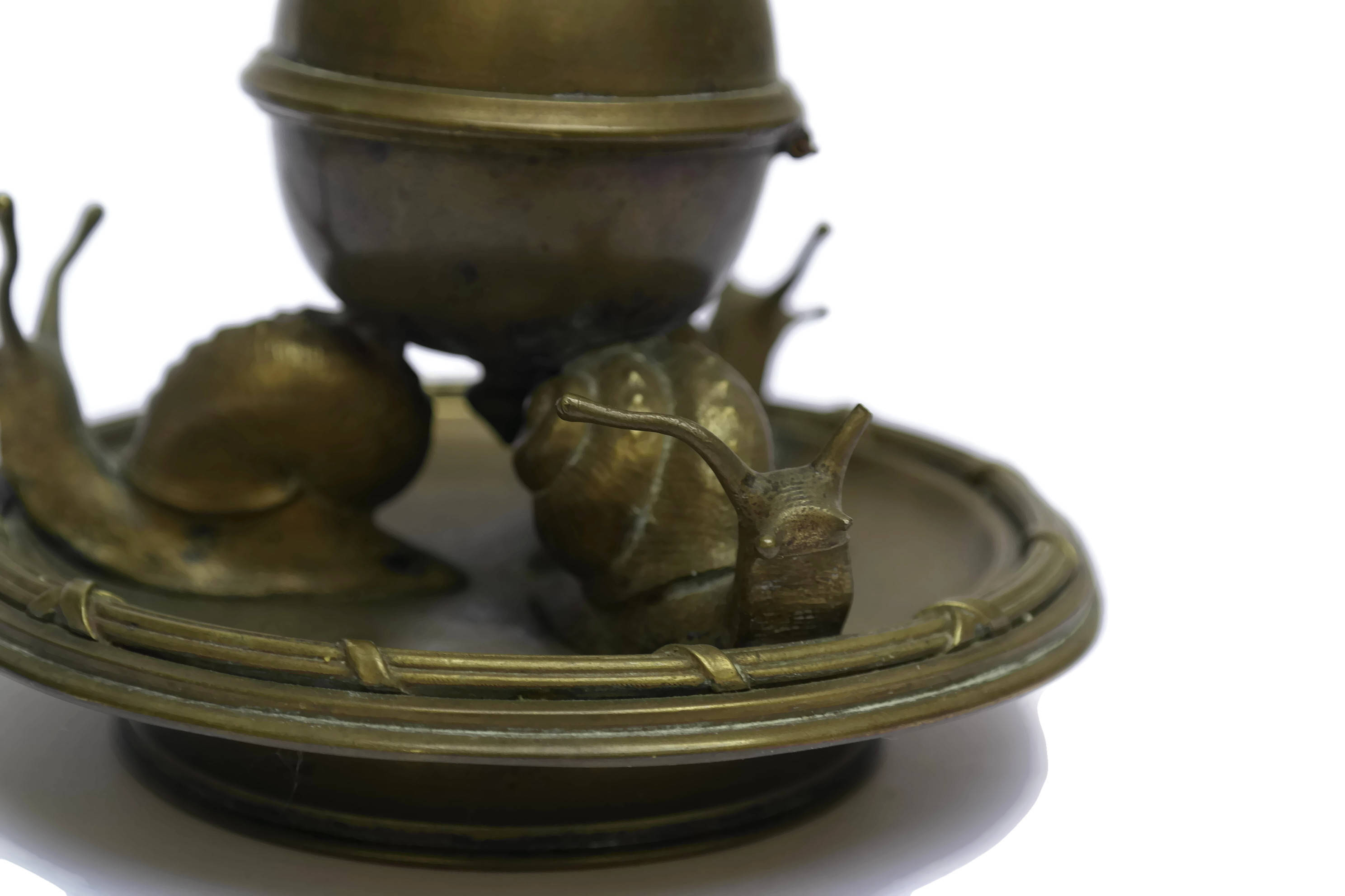 Antique Bronze French Snail Caviar Bowl with Lid. Escargot Sauce Dish