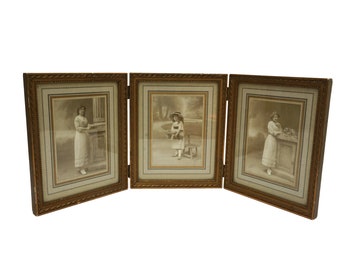 French Antique Triptych Photo Frame with Lady and Girl Portraits by Walery, Set of 3 Edwardian Folding Picture Frames
