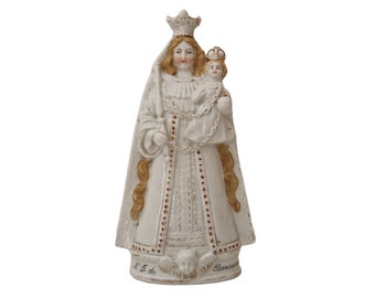 Antique Porcelain Virgin Mary Statuette, Notre Dame de Bonsecours, Madonna with Child Jesus Statue Figurine