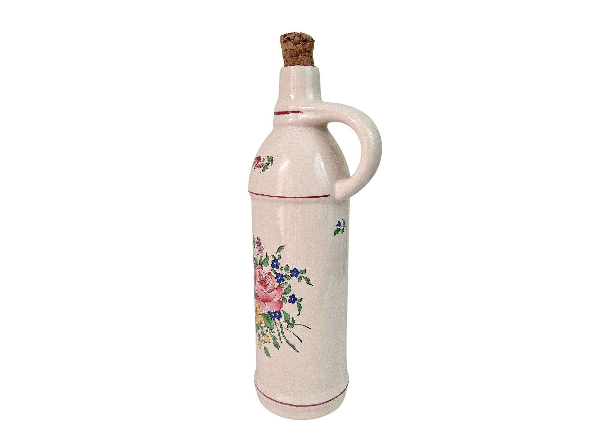 French Ceramic Liquor Decanter with Rose and Flowers by Keller and