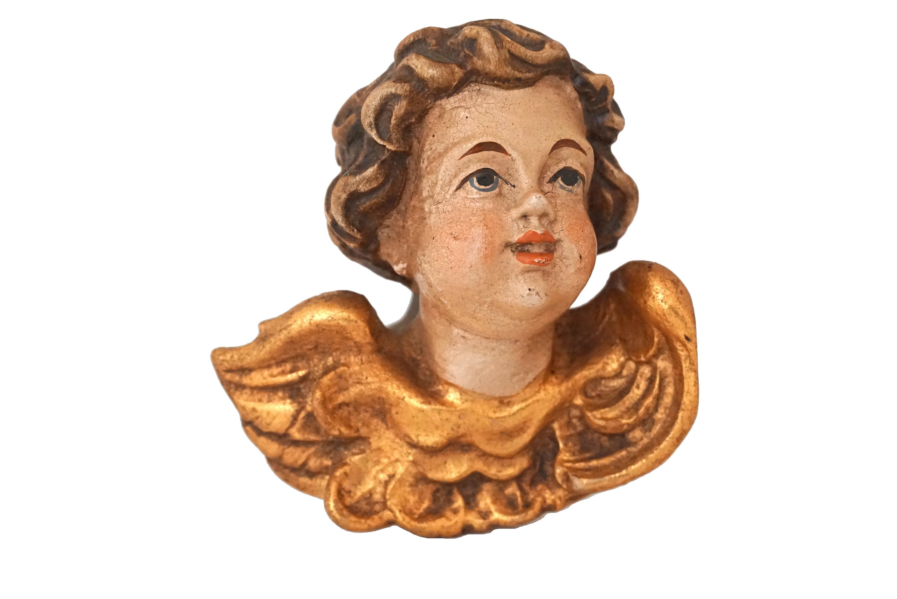 Hand Carved Cherub Putti Head Figurines, German Wooden Christmas Angel
