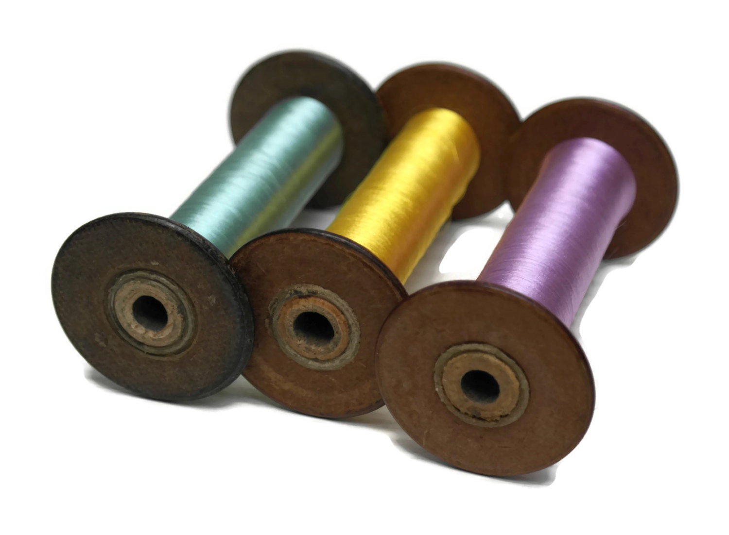 Antique French Wooden Bobbins. Large Weaving Spools. Bobbins and Thread.