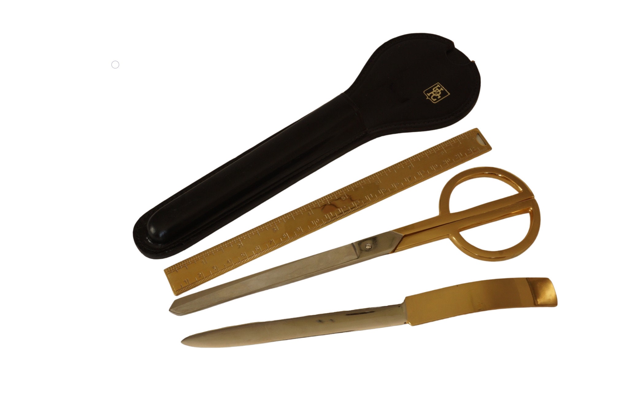 Ensemble de Bureau en Cuir Lancel Vintage avec Ciseaux Papier Plaqué Or, Couteau Ouvre-Lettre et Règ