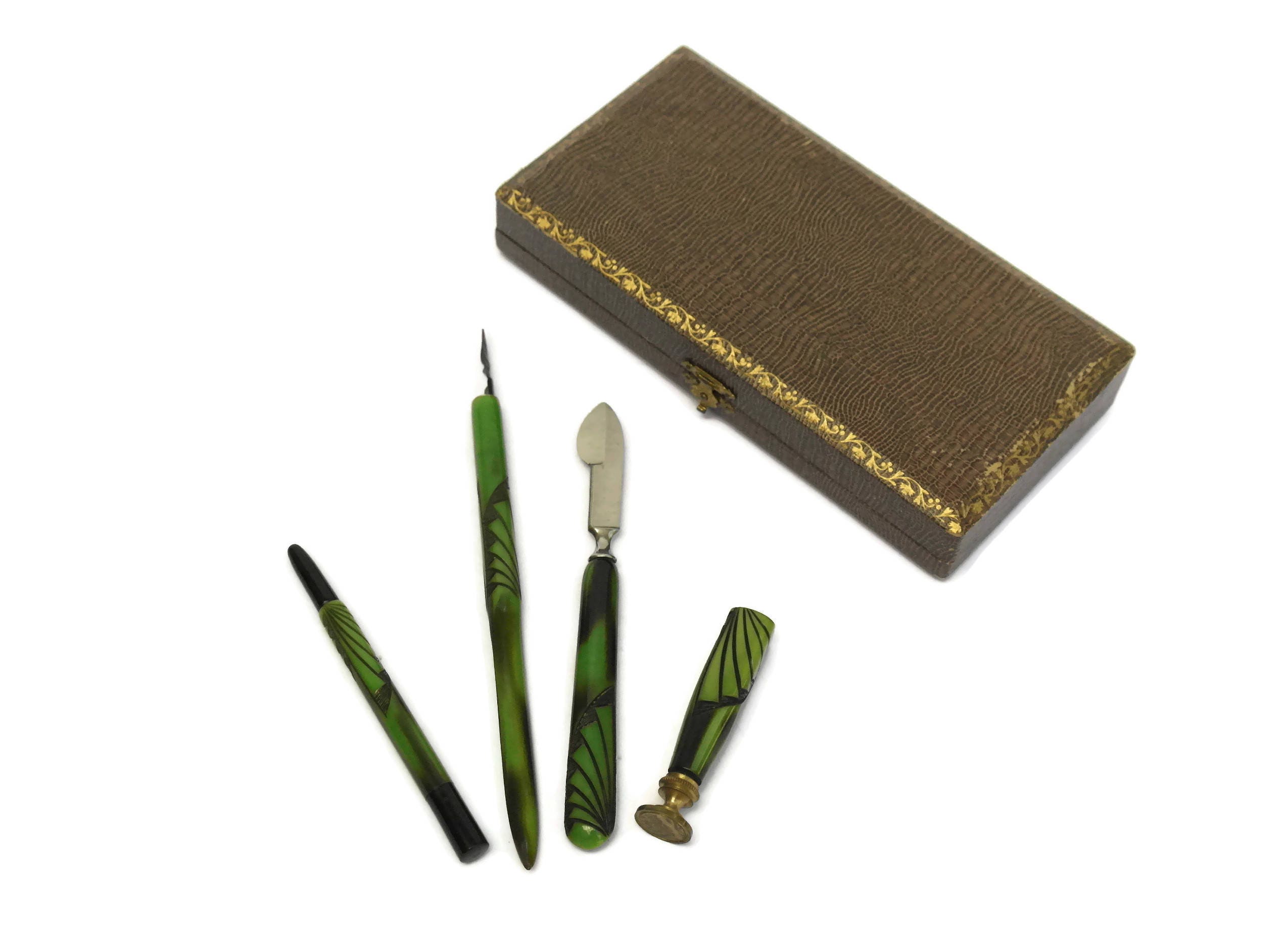 Art Deco Bakelite Writing Set. Boxed Desk Set in French Etui Case.
