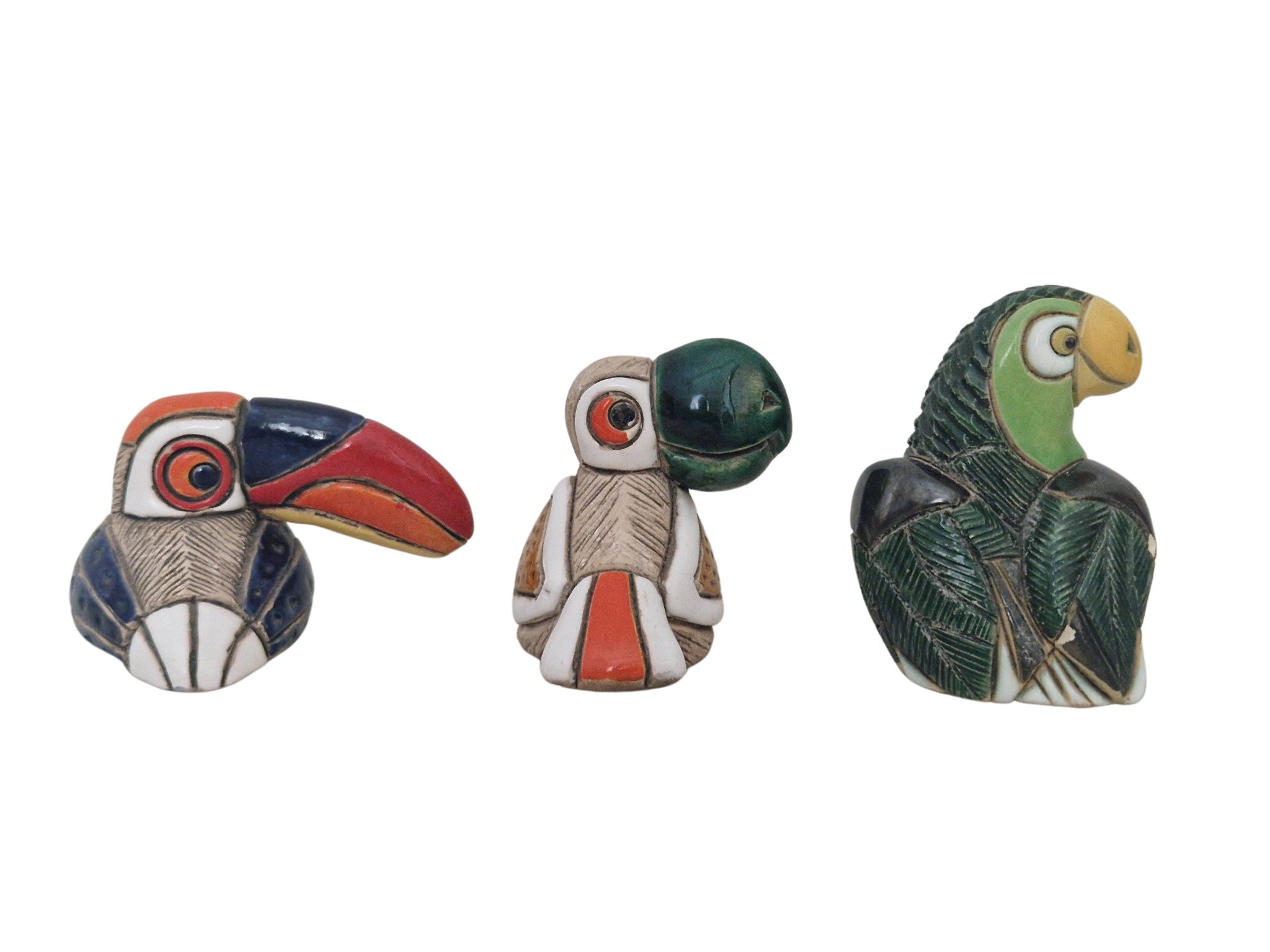 Artesania Rinconada Bird Figurines, Set of 3, Ceramic Miniature Parrots